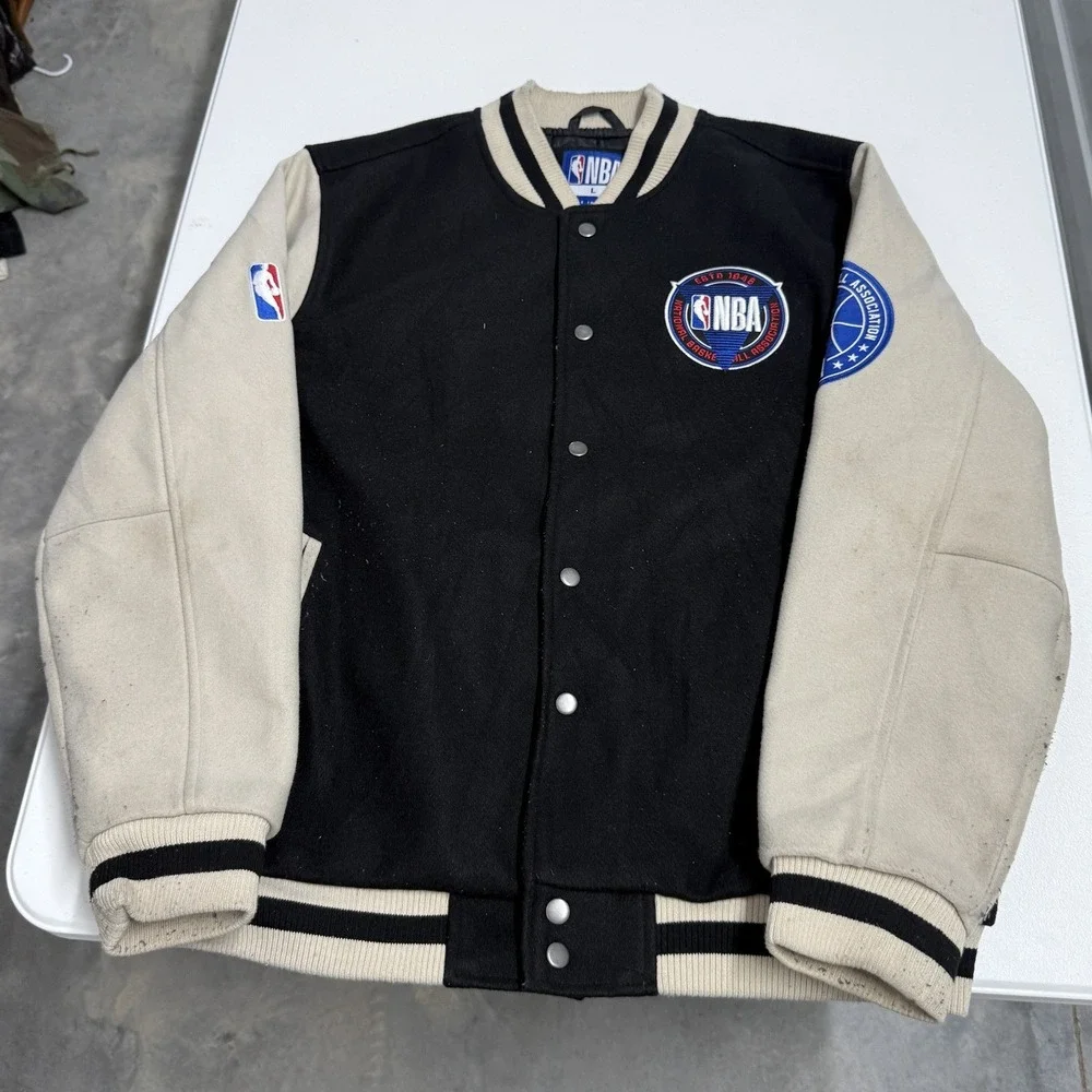 NBA Varsity Jacket Mens Large Black Good Letterman Snap Front Patch